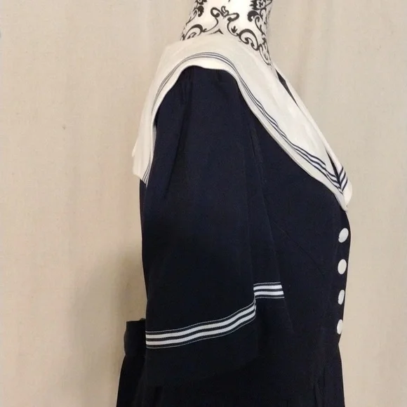 Vintage 80's 90's J.B.S. LTD Navy Blue Sailor Inspired Midi Dress USA Made - Picture 5 of 14